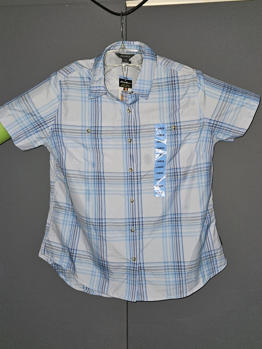 Womens Eddie Bauer Blue and White Plaid Short Sleeve Button-Down Shirt